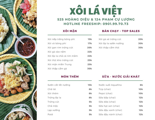 Menu đa dạng của Xôi Lá Việt